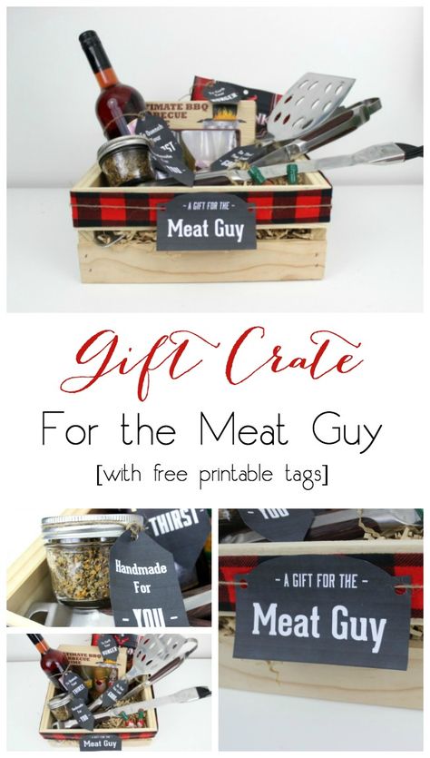 Perfect for the meat or BBQ guy! Instead of gift baskets, why not opt for the more manly Gift Crate?! The perfect crate for any guy on your list, plus an amazing list of suggestions! Gifts Baskets For Men, Bbq Gift Basket, Beer Christmas Gifts, Steak Gift, Meat Gifts, Gift Crates, Baskets For Men, Gift Baskets For Men, Romantic Gifts For Him