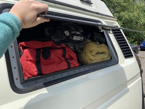 Custom Vanagon Window Storage Box Vanagon Interior Ideas, Vanagon Hacks, Vw Hippie Van, Camper Storage Ideas Travel Trailers, Boogie Van, Vw T3 Camper, Vw Microbus, Window Storage, Vw Bus T3