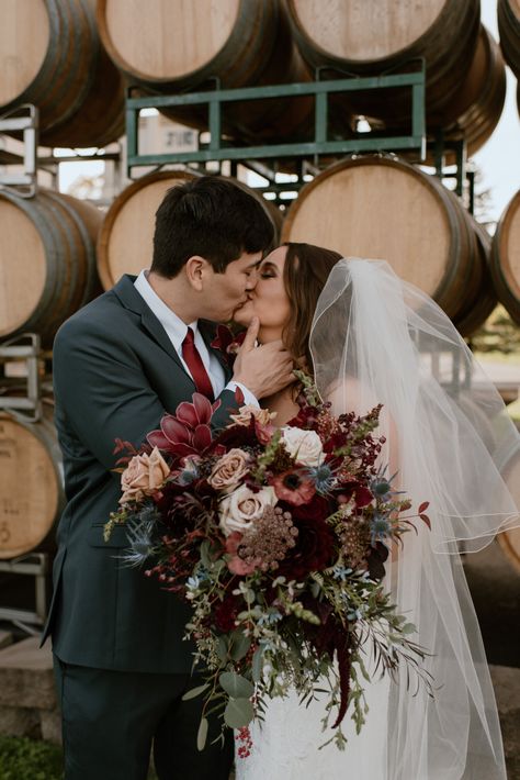 Lindsay and Ray's Cozy Fall Wedding at Zenith Vineyards with Burgundy and Velvet Tones | Oregon Wedding Photographer Burgundy And Blush Fall Wedding, Dark And Moody Bridesmaid Bouquet, Burgundy Fall Bouquet, Champagne Roses Wedding, Burgundy Fall Flowers, Cabernet Wedding Colors Flowers, Champagne And Burgundy Wedding Theme, Wine And Sage Wedding, Cabernet Wedding Flowers