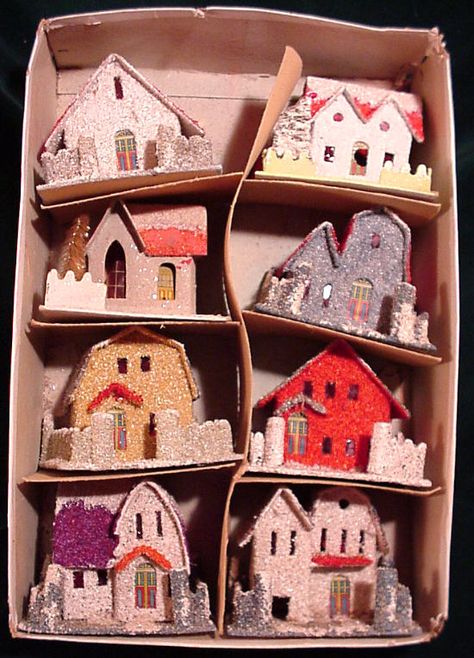 smal boxed set cardboard Xmas putz houses Retro Christmas Decorations, Glitter Unicorn, Glitter Houses, Cardboard House, Putz Houses, Small Houses, Old Fashioned Christmas, Christmas Villages, Miniature Houses