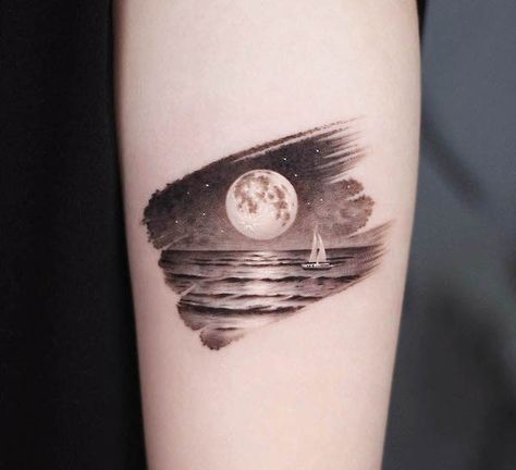 Moon On Water Tattoo, Ocean Landscape Tattoo, Beach At Night Tattoo, Moon Light Tattoo, Moon Over Ocean Tattoo, Moon Over Water Tattoo, Ocean Water Tattoo, Ocean Moon Tattoo, Moonlight Tattoo Ideas