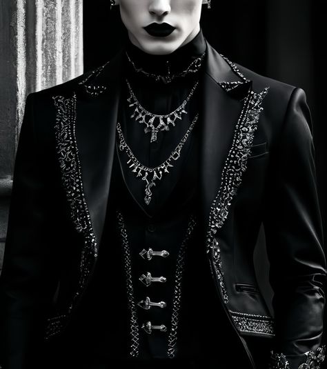 Ai created goth aesthetic. Mens formal goth fashion inspiration #mensgothfashion #goth #fashion #fashionideas Goth Tuxedo, Goth Wedding Suit, Vampire Goth Men, Zach Core, Mens Goth Fashion, Formal Goth, Witchy Wedding, Aesthetic Mens, Vampire Fashion