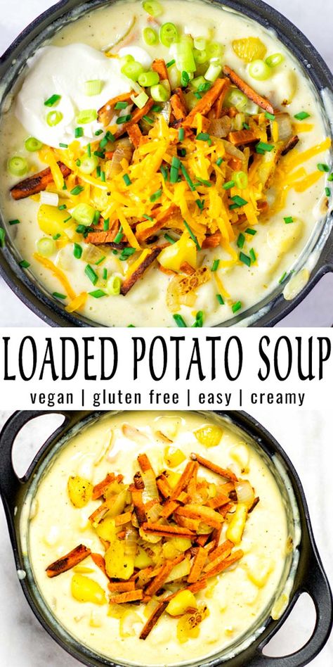 Easy and super satisfying: this Loaded Potato Soup is a keeper that the whole family will devour in no time. Even the pickiest kids will eat it up, satisfying, easy and no one would ever taste it is vegan. #vegan #dairyfree #glutenfree #vegetarian #dinner #lunch #mealprep #contentednesscooking #potatosoup #loadedpotatosoup Potato Soup Vegan, Easy Mediterranean Recipes, Vegan Potato Soup, Loaded Potato Soup, Loaded Baked Potato Soup, Creamy Potato Soup, Baked Potato Soup, Loaded Potato, Vegan Potato