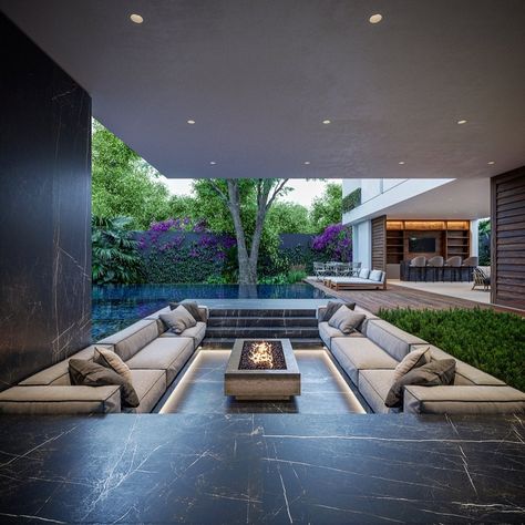 Fire Pit Living Room, Luxurious Landscape Design, Sofa Makeover Ideas, Modern Patio Decor, Villa Landscape Design, Sunken Seating Area, Minimalistic Furniture, Villa Landscape, Sunken Fire Pits