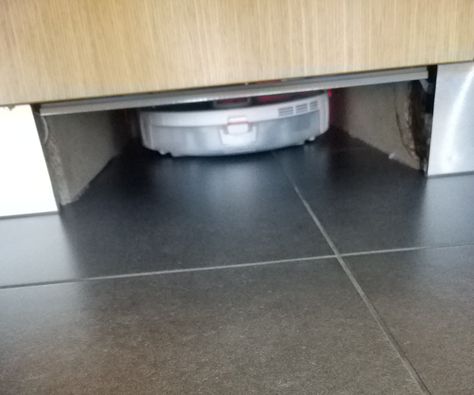 Robot Vacuum Cleaner Storage, Under Cabinet Vacuum, Robot Vacuum Storage Ideas, Hidden Robot Vacuum Storage, Irobot Roomba Storage Ideas, Roomba Storage Idea, Hide Robot Vacuum, Robot Vacuum Storage, Smart Home Ideas