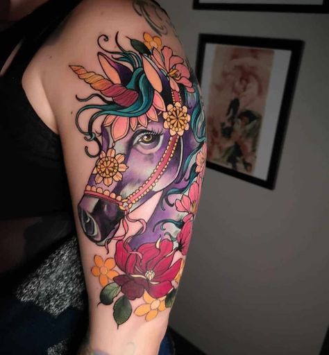 Unicorn Tattoo 2 Unicorn Tattoo Sleeve, Tattoo Ideas Unicorn, Unicorn Head Tattoo, Unicorn Tattoos For Women, Unicorn Tattoo Ideas, Supernatural Tattoos, Mother And Baby Tattoo, Unicorn Tattoo Designs, Werewolf Tattoo