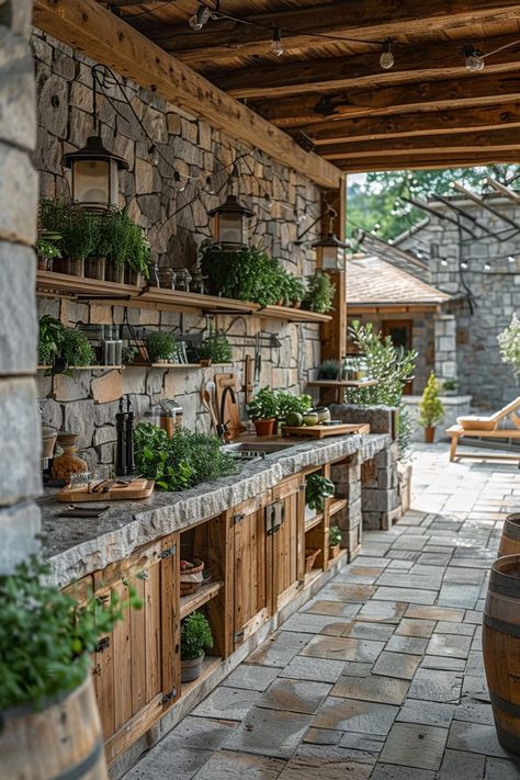 29 Outdoor Kitchen Ideas for Ultimate Summer Gatherings - My Elegant Home Greenhouse Kitchen, Rustic Kitchen Backsplash, Rustic Outdoor Kitchen, Rustic Outdoor Kitchens, Luxury Outdoor Kitchen, Decor Kitchen Ideas, Garden Sink, Outdoor Greenhouse, Modern Outdoor Kitchen