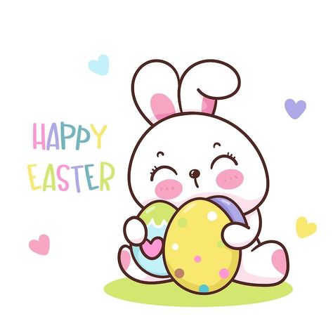 Vector a cartoon bunny with a happy east... | Premium Vector #Freepik #vector #easter-bunny #happy-easter #easter-card #easter-vector Easter Egg Drawing, Easter Kawaii, Easter Face Paint, Kawaii Easter, Easter Vector, Easter Cartoons, Easter Drawings, Holiday Wallpaper, Easter Card