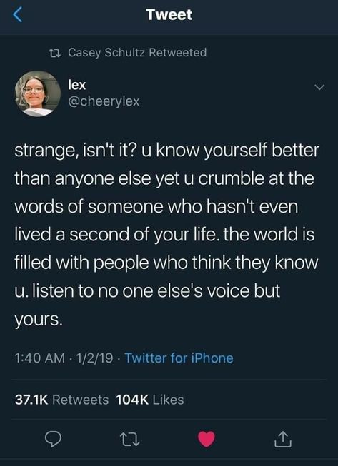 Strange, isn't it? U know yourself better than anyone else yet u crumble at the words of someone who hasn't even lived a second of your life. The world is filled with people who think they know u. Listen to no one else's voice but yours 5 Minutes Journal, Real Talk Quotes, New Energy, Deep Thought Quotes, Real Quotes, Fact Quotes, Pretty Words, Pretty Quotes, Relatable Quotes