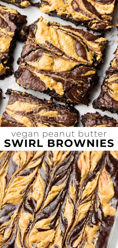 Vegan Peanut Butter Swirl Brownies are just as delicious as they are beautiful! Chocolate and peanut butter come together in these decadent, fudgy treats. Vegan Peanut Butter Brownies, Peanut Butter Swirl Brownies, Brownie Cheesecake, Butter Brownies, Swirl Brownies, Chocolate And Peanut Butter, Vegan Brownie, Peanut Butter Desserts, Desserts Vegan