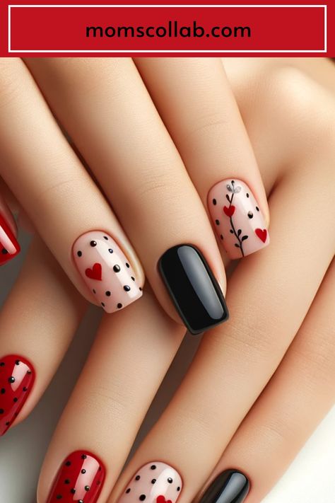 10 Luscious Red and Black Heart Nail Design Ideas Traditional Nail Art Design, Cute Valentines Nail Ideas, Valentine Nails Designs Gel, Heart Design Nail Art, Black Nails With Heart Design, Red And Black Nail Art, Heart Nail Art Designs, Cute Heart Nails, Nail Coat