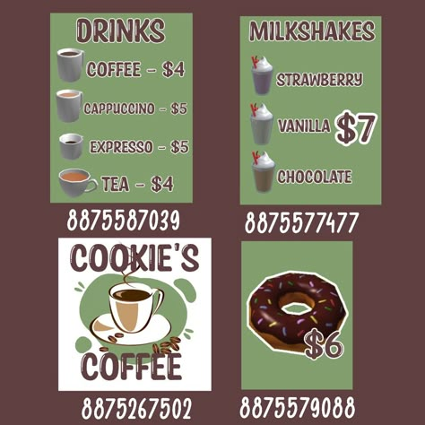 Bloxburg Menus Codes, Bloxburg Shake Shack Decals, Roblox Coffee Shop Decals, Restraunt Bloxburg Ideas, Restaurant Codes Bloxburg, Blox Burg Cafe Ideas, Bloxburg Coffee Shop Menu Decals, Crumble Cookie Bloxburg Build, Bloxburg Shop Decals Codes