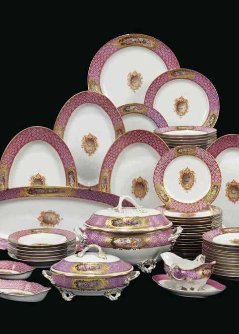 A COMPOSITE SEVRES (OUTSIDE-DECORATED) AND PARIS PINK-GROUND PART DINNER-SERVICE | SECOND HALF OF THE 19TH CENTURY, THE DINNER AND SOUP-PLATES WITH CANCELLED GREEN LOZENGE DATE CODES FOR S.49, S.53, S.54, S.55, S.57. S.58 AND S.59, VARIOUS INCISED MARKS, PRINTED GREEN RETAILER'S MARKS FOR E & A PARIS | mid 19th Century, dinner services | Christie's Crockery Design, Crockery Set, Fine China Dinnerware, Fine Dinnerware, Gold Dinnerware, Dinner Ware, Ceramic Dinnerware Set, Table Service, Elegant Table Settings