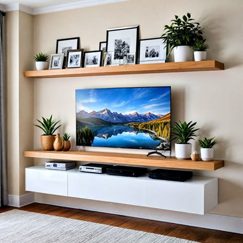 Wall With Tv And Shelves, Over Tv Shelf, Wall Mounted Tv With Shelves, Tv Wall With Floating Shelves, Simple Tv Wall Ideas, Kids Tv Room Ideas, Decor Under Tv Wall Mounted Tv, Living Room Floating Shelves Around Tv, Off Center Tv Wall