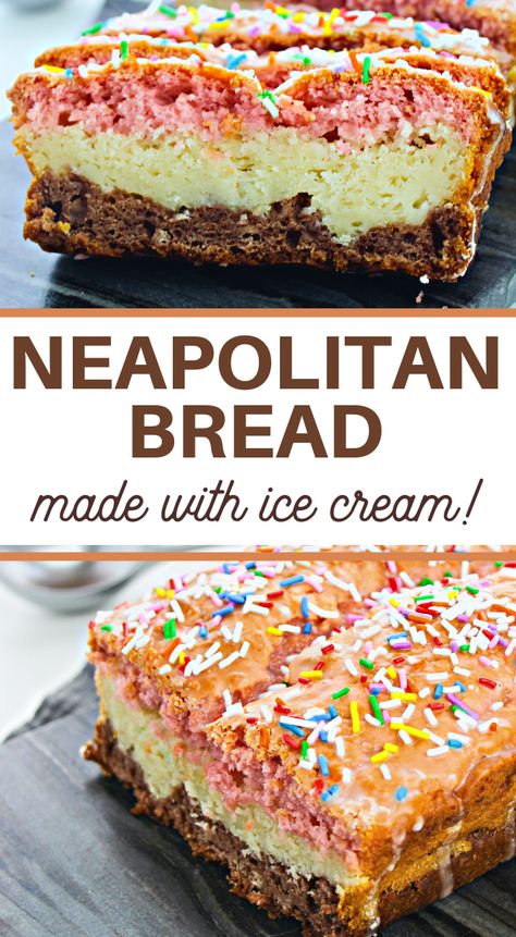 You're about to fall in love with this Neapolitan Ice Cream Bread Recipe! It's the perfect way to make homemade bread - using ice cream! Ice Cream Bread With All Purpose Flour, Strawberry Banana Bread Recipe, Cream Bread Recipe, Make Homemade Bread, Ice Cream Bread, Cream Bread, Bread Loaves, Neapolitan Ice Cream, Ice Cream Mixture