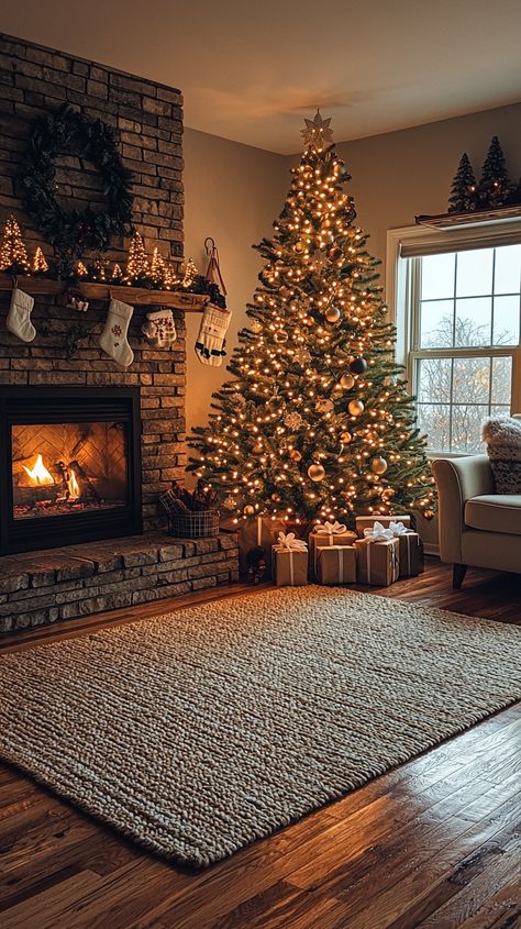 Cozy up this Christmas with a warmly lit tree and a crackling fireplace! The golden glow, pine green tree, and rustic brick create a delightful festive ambiance. 🎄✨ Perfect for sipping cocoa and wrapping presents. 🎁 #christmas #decor #holiday #cozy #fireplace #festive #home #warm #tree #lights #rustic #livingroom #presents #magic #joy Cozy Christmas Tree Aesthetic, Christmas Tree Just Lights, Christmas Aesthetic Fireplace, Christmas Tree By Fireplace, Christmas Tree Aesthetic Cozy, Cozy Country Christmas, Rustic Livingroom, Warm Cozy Christmas, Christmas Cave