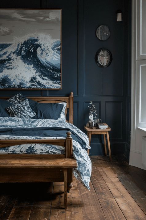 Moody Ocean Bedroom, Dark Coastal Interior, Ocean Blue Bedroom Ideas, Moody Nautical Bedroom, Dark Ocean Bedroom, Dark Beach Bedroom, Dark Ocean Themed Bedroom, Indigo Bedroom Ideas, Dark Coastal Decor