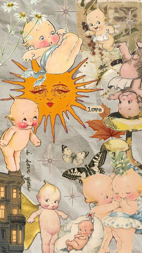 Kewpie Art Wallpaper, Kewpie Wallpaper Iphone, Cute Collage Wallpapers Aesthetic, Kewpie Wallpaper, Kewpie Art, Baby Wallpaper, Kewpie Dolls, Hippie Wallpaper, Phone Wallpaper Patterns