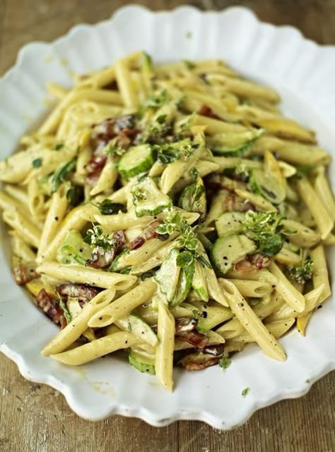 Courgette Carbonara | Pasta Recipes | Jamie Oliver Recipes Carbonara Pasta Recipes, Jamie Oliver Pasta, Penne Carbonara, Zucchini Carbonara, Courgette Pasta, Staple Recipes, Pasta Carbonara Recipe, Pasta Alla Carbonara, Pastas Recipes