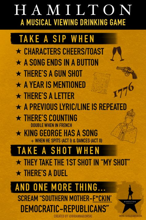 I found a game for listening to the album - but none for watching! Enjoy! Hamilton Musical sip shot Hamilton Drinking Game, Disney Drinking Game, Disney Movie Drinking Games, Movie Drinking Games Netflix Hilarious, Tv Show Drinking Games, Movie Drinking Games, Drunk Games, Disney Movie Night Dinner, Movie Night Dinner