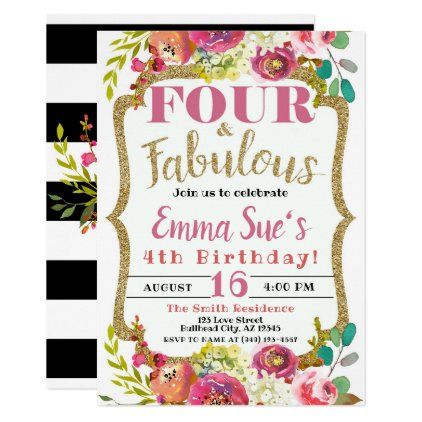 Girl's Fall Floral Four & Fabulous 4th Birthday Invitation Four And Fabulous, 4th Birthday Invitation, Watercolor Girl, 2nd Birthday Invitations, Girl Birthday Themes, Watercolor Birthday, Fourth Birthday, Floral Birthday, Baby Shower Flowers