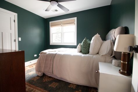 Boy Nursery Reveal - Our Son's Cozy Room | The DIY Playbook Tarrytown Green, Green Exterior Paints, Dark Green Paint, Laundry Room Paint Color, Cozy Guest Rooms, Office Paint Colors, Ceiling Fan Bedroom, Diy Playbook, Teal Walls