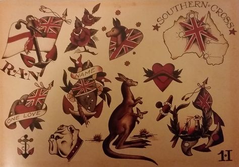 Traditional/old school tattoo, sailor jerry, Australia, kangaroo, colonial, southern cross Eddie Tattoo, Percy Waters, Dog Tags Tattoo, Old School Traditional Tattoo, Tattoo Sailor, Sailor Jerry Tattoo Flash, Canada Tattoo, Tattoo Girl Wallpaper, Australia Tattoo