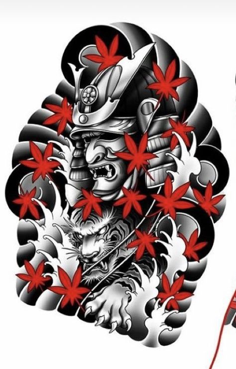 Samurai Drawings, Tattoo Maori Perna, Red Black Tattoo, Black And Grey Traditional, Japanese Leg Sleeve, Black And Red Tattoo, Star Sleeve Tattoo, Bushido Tattoo, Samurai Mask Tattoo