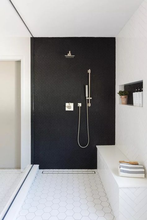 62 Tile Flooring Ideas That Are Pretty and Practical Modern Bathroom With Silver Fixtures, Minimalist Bathroom Makeover, 2x2 Tile Bathroom, Modern Black And White Bathroom, Boston Condo, Gorgeous Bathroom Tile, Beautiful Tile Bathroom, Apt Decor, Black And White Bathroom