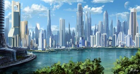 Coastal city Kota Masa Depan, Future Buildings, Eco City, Sci Fi City, Tall Buildings, Fantasy City, Futuristic Art, المملكة العربية السعودية, Futuristic City