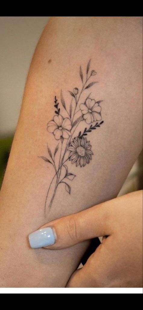 Wild Flower And Butterfly Tattoo, Daisy Rib Tattoo, Dainty Flower Tattoo, Mama Tattoos, Dainty Flower Tattoos, Delicate Flower Tattoo, Butterfly With Flowers Tattoo, Simple Tats, Tattoo Pics