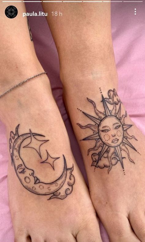 Sun And Moon Feet Tattoo, Sun And Moon Foot Tattoo, Sun And Moon Hip Tattoo, Inner Thigh Tattoos, Hand Tattoo Designs, Bum Tattoo, Matching Tats, Forearm Tattoo Design, Sun Tattoos