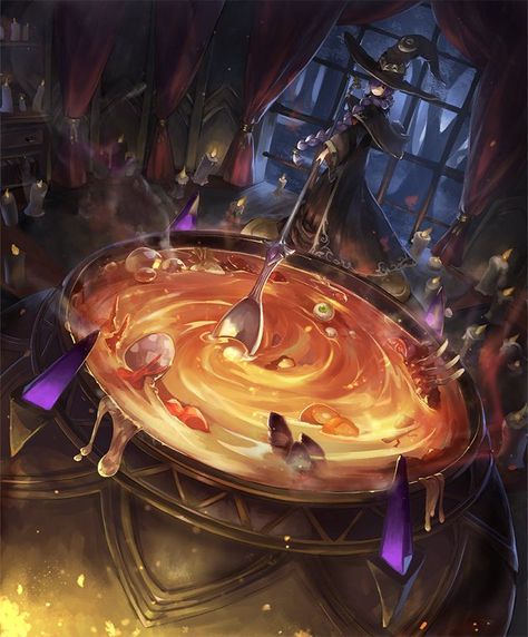 Card: Witch's Cauldron Cauldron Witch, Witches With Cauldron, Witches And Cauldron, Cauldron Reference, Witch And Cauldron, Potion Witch, Witch Caldron, Fantasy Chef, Cauldron Art