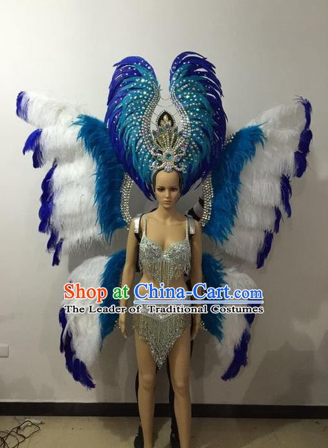 Top Grade Professional Performance Catwalks Bikini Butterfly Wings Costume and Headpiece, Traditional Brazilian Rio Carnival Samba Modern Fancywork Blue Feather Swimsuit for Women Butterfly Wings Costume, Brazilian Carnival, Rio Carnival, Swimsuit For Women, Wings Costume, Blue Feather, Butterfly Wings, Headpiece, Carnival