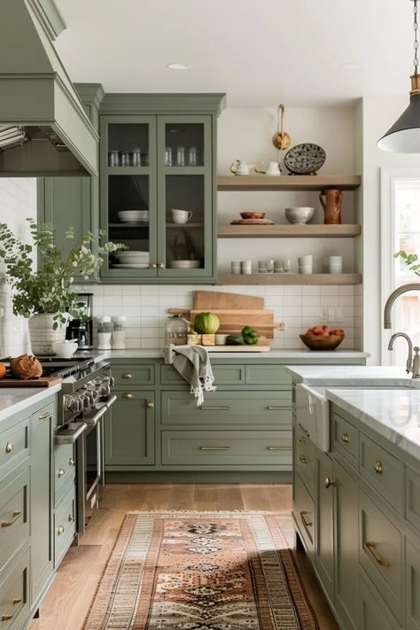 50+ Serene Kitchens with Sage Green Cabinets Dusty Green Kitchen Cabinets, Sage Green Cabinets White Countertops, Cool Kitchen Colors, Sage Green Kitchen Units, Light Olive Green Kitchen Cabinets, Sage Countertops, Granite Countertops With Green Cabinets, Olive Green And Wood Kitchen, Sage Green And Gold Kitchen