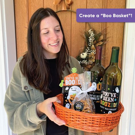 Are you planning on Booing your kids or co-workers? Create a You’ve Been Booed Halloween Boo Basket - perfect for surprising friends and neighbors with treats and tricks! You've Been Booed gable boxes are the perfect favor box to complete a Ghost Halloween Party. Display treat boxes at your dessert buffet table or hand out to guests after the celebration. The goodie gable boxes are ideal for boxing up bite-sized sweet treats, party trinkets, or small thank you gifts. Each gable favor box has a c Halloween Gift Baskets For Adults, Boo Box Ideas, Adult Boo Basket, Alcohol Basket, You've Been Boozed, Ghost Halloween Party, Box Party Favors, Been Booed, Dessert Buffet Table