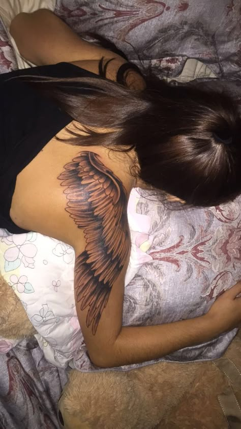 3 Of Something Tattoo, Forearm Angel Wing Tattoo Women, Angel Wing On Shoulder Tattoo, Large Wing Tattoo, Angel Wings Tattoo Upper Arm, Wing Sleeve Tattoos For Women, One Wing Back Tattoo, Angel Wing Arm Tattoo For Women, Shoulder Blade Wing Tattoo