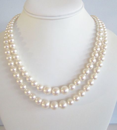 Graduated Pearl Necklace,Double Strand Pearl Necklace,Swarovski Pearls,Graduated Pearls,Romantic,Bri 1940s Pearl Necklace, Graduated Pearl Necklace, Double Strand Pearl Necklace, Classic Pearl Necklace, Vintage Jewelry Ideas, Pearl Strands Necklace, Princess Necklace, Pearl Necklace Designs, Pearl Necklace Wedding