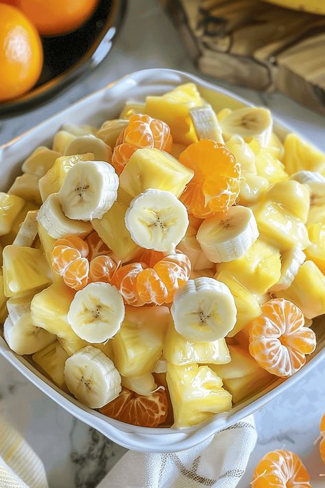 Sunshine Salad Sunshine Salad Recipe, Banana Fruit Salad, Sunshine Salad, Fruit Delight, Zesty Salad, Au Gratin Recipes, Sugar Free Jello, Fruit Salad Easy, Sugar Free Pudding