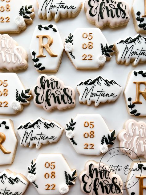 Mountain Theme Engagement Party, Elopement Cookies, Mountain Wedding Cookies, Mountain Wedding Cookies Decorated, Mountain Themed Cookies, Let The Adventure Begin Cookies, Bridal Shower Hiking Theme, Wedding Sugar Cookies, Camping Cookies