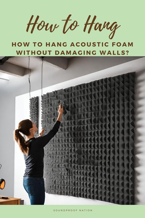 Enhance your soundproofing with acoustic foam without leaving a mark on your walls! 🏡🔊 Discover the tricks to hang it damage-free. 🧡 #AcousticFoam #Soundproofing #WallDecor #DIYHome #HomeImprovement #AcousticDesign #NoDamageHanging #DecorTips #SoundproofSolutions #NoiseReduction Soundproof Foam Wall, Hanging Acoustic Panels, Sound Dampening Ideas, Sound Proofing A Room Design, Soundproofing Walls Diy, Acoustic Foam Wall Design, Diy Sound Proofing Walls Cheap, Sound Absorbing Decor Diy, Diy Sound Proofing