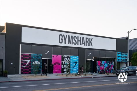 The ultimate two-day pop-up shop in Los Angeles was recently hosted by Gymshark. We covered the entire outside doors and windows with branding and photo moments. #gymshark #photo #branding #wotp #wifeoftheparty ##westhollywood #gymsharkafterdark #fitness #cycling #decor Gym Outside, Gym Clothing Brands, Photo Branding, Gym Wear Brands, Outside Doors, Shark Sign, Store Entrance, Fitness Event, Gym Clothing