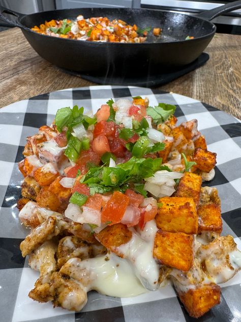 Chicken Queso Potato Skillet Tater Tot Skillet, Chicken Queso, Cooking In The Midwest, Luke Brown, Potato Skillet, Potato Dinner, Skillet Potatoes, 12 Tomatoes, Chicken Potatoes