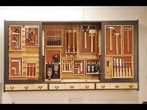 Hand Tool Cabinet/ French cleat/ Picture frame tool holders/ Shop organisation - YouTube French Cleat Tool Storage, Wood Tool Box, Tool Storage Cabinets, Tool Holders, Shop Projects, French Cleat, Wood Shop Projects, Tool Cabinet, Tool Chest