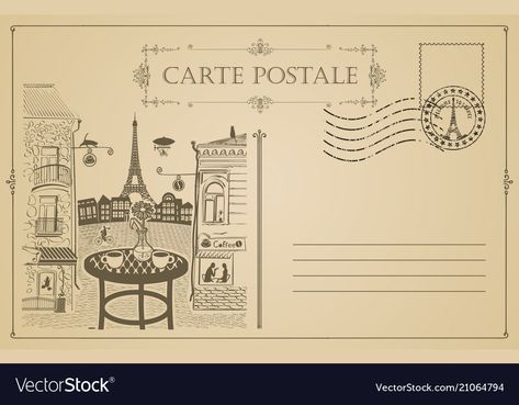 Eiffel Tower Vector, Buildings In Paris, Sanrio Memes, Booklet Ideas, Postage Stamps Collage, Retro Postcard, Parisian Street, Street Cafe, Cover Wattpad