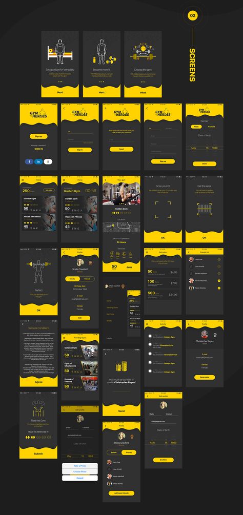 Gym of Heroes is a iOS App that allows everyone access to any gym anywhere. It contains 20+ unique mobile iOS screens designed in Adobe Photoshop, perfectly layered and organized for you to reuse in your project. Fitness Mobile App Design, Tech App Design, Workout App Design, Gym App Design, Fitness App Ui Design, Sport App Design, Application Design Layout, Fitness Apps Design, Fitness App Ui