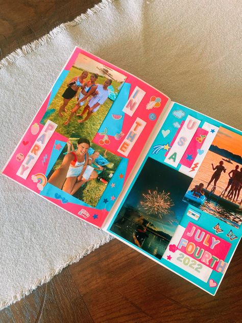 Cute Summer Journal Ideas, Summer Memories Scrapbook, Preppy Scrapbook Pages, July Scrapbook Page, Photo Album Book Ideas, Scrapbook Page Inspiration, Scrapbook Summer Aesthetic, Scrapbook College Ideas, Memory Book Inspiration