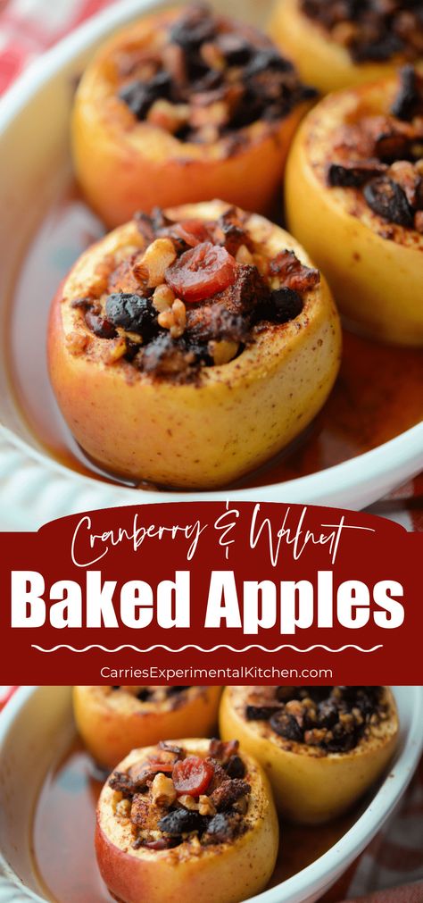 Baked apples stuffed with a mixture of dried cranberries, walnuts, brown sugar and cinnamon makes a delicious, healthy snack. #dessert #apples Savory Baked Apples, Baked Apples With Feta And Cranberries, Baked Stuffed Apples Recipe, Stuffed Baked Apples Recipe Oven, Stuffed Apples Baked, Red Apple Recipes, Baked Apples Recipe Oven, Baked Stuffed Apples, Stuffed Apples