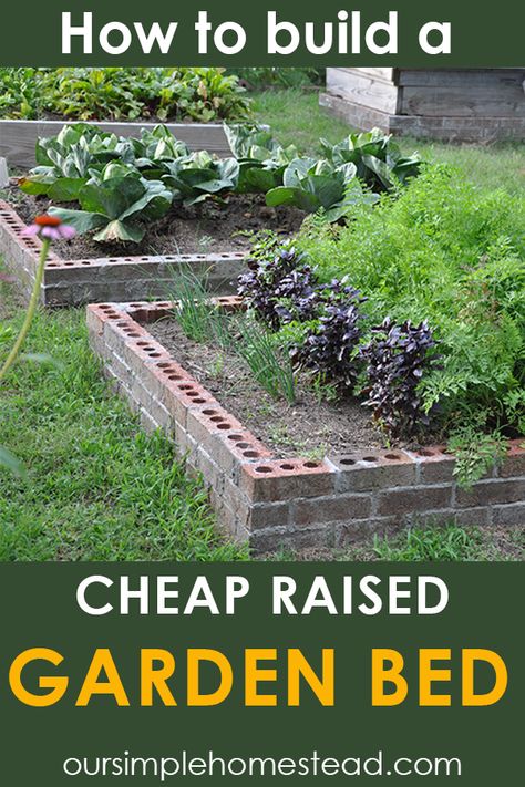 How to Build a Cheap Raised Garden Bed The first thing I did was take a walk around the farm to see what I could find to use. I found cinder blocks, a stack of pallets, a pile of bricks, a pile of downed trees and piles and piles of trimmed branches.  #gardening #gardenbed #rasiedbeds #homesteading Brick Raised Garden Beds, Brick Raised Beds, Cheap Raised Garden Beds, Raised Garden Beds Diy Vegetables, Garden Bed Layout, Yummy Veggies, Gardening Equipment, Winter Vegetables Gardening, Amazing Meals