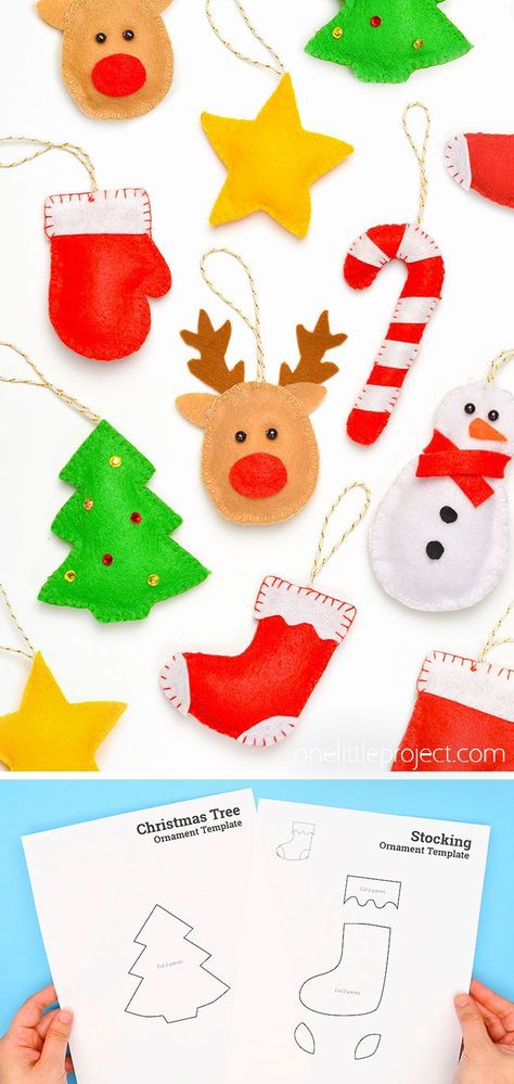 These felt ornaments are SO CUTE and simple to make! It's such a fun winter activity and an easy Christmas craft. These DIY Christmas ornaments look amazing as tree decorations or gift toppers. Download our 7 FREE printable patterns - stocking, Christmas tree, candy cane, star, reindeer, snowman and mitten shapes - to make these adorable homemade ornaments. Felt Christmas Tree For Kids Diy, Snowman Felt Patterns Free Printable, Christmas Felt Tree Decorations, Diy Craft Christmas Ornaments, Felt Stockings Christmas Diy Free Pattern, Felt Craft Christmas, Kids Felt Ornaments, Felt Christmas Stocking Pattern Free, Diy Felt Christmas Tree Decorations